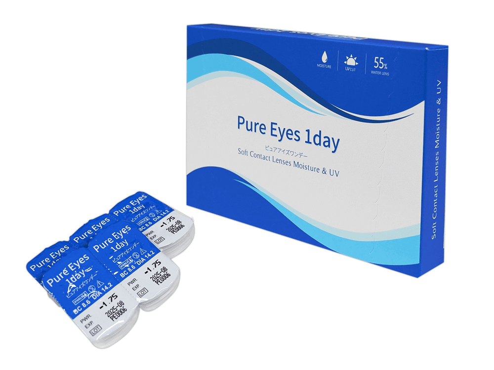 1日使い捨てコンタクトレンズPure Eyes 1day（ピュアアイズワンデー）の製品パッケージ
